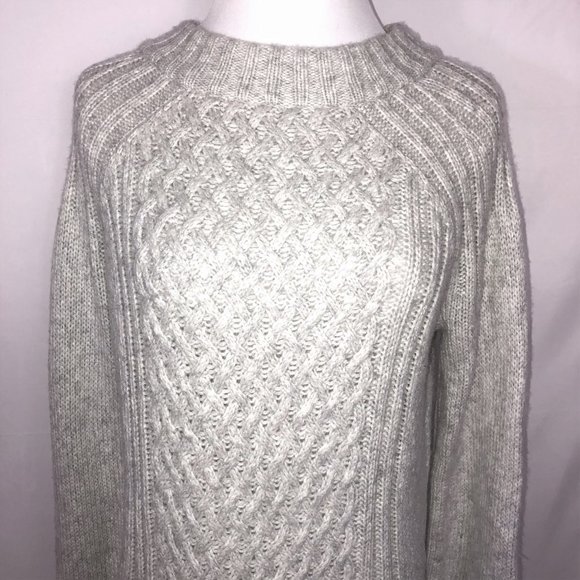 Anthropologie SPARROW Cable Knit Sweater XL Grey Black Trim Tunic Mock Neck - Picture 4 of 13